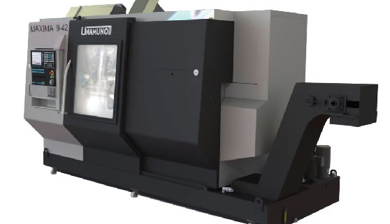 La UNAMUNO MAXIMA 9 combina dos carros superiores con peines de herramientas y un carro inferior de sistema torreta