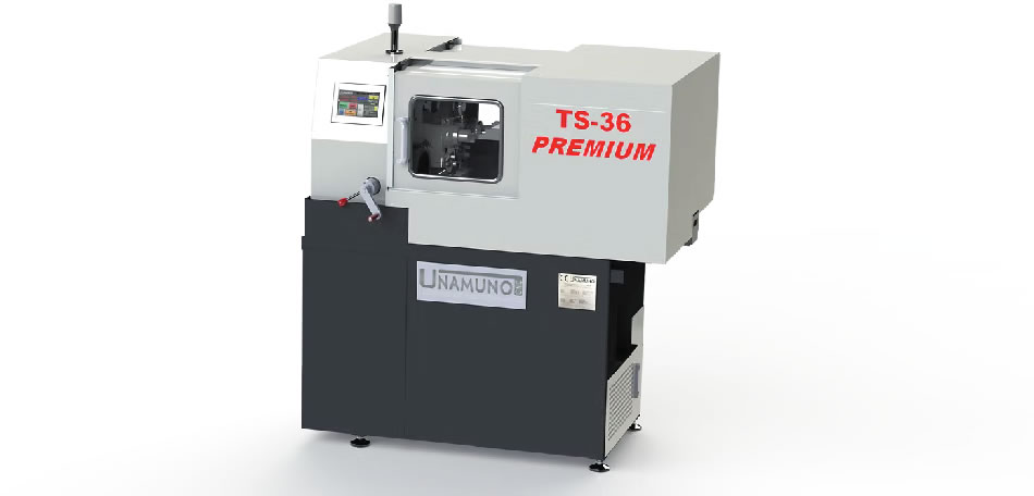 La UNAMUNO PREMIUM TS Es nuestra máquina automática más versátil, realiza a una misma pieza los procesos de taladrado, roscado frontal y tronzado sin tetón