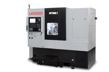 El Torno CNC OPTIMA 7 ofrece un carro delantero de 3 ejes con torreta y un carro en configuración de peine trasero de 3 ejes, integra un subcabezal con eje Z-2